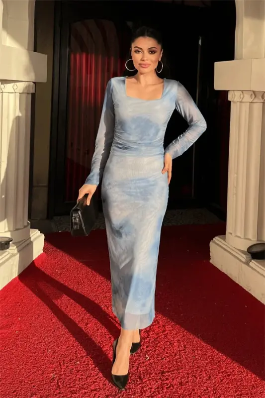 Tulle Fabric Ruched Pencil Dress - BABY BLUE - 1