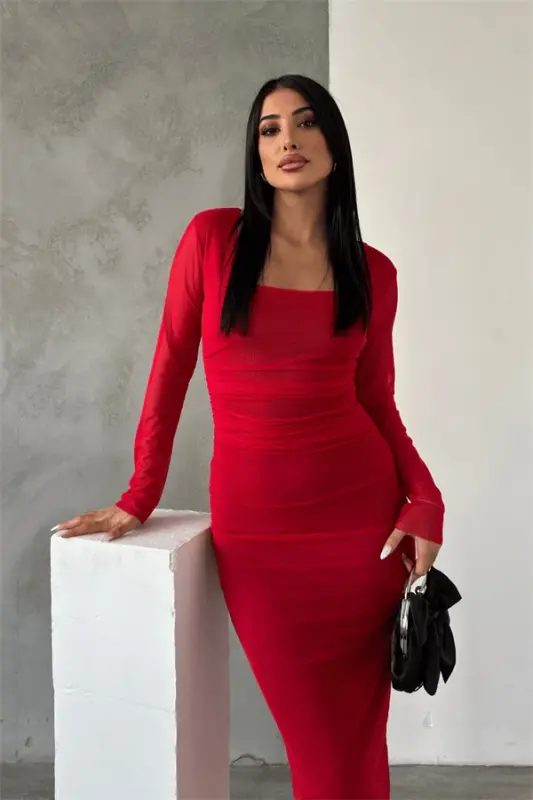 Tulle Fabric Ruched Pencil Dress - RED - 2