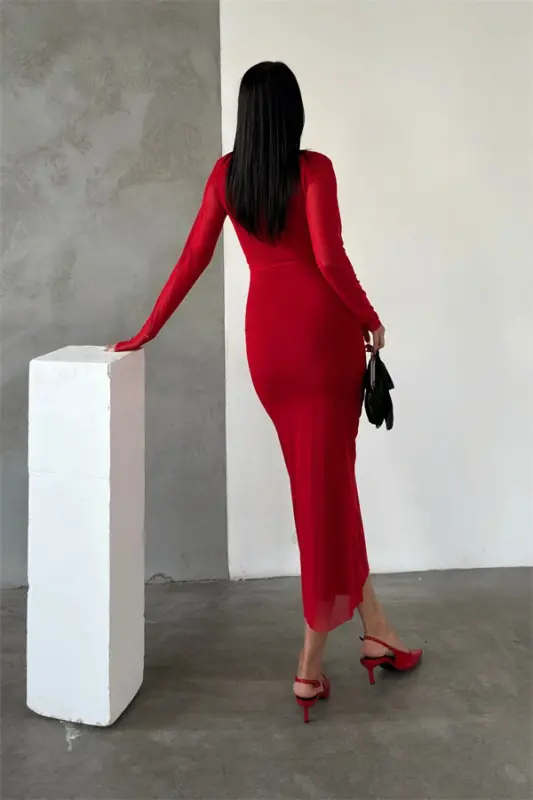 Tulle Fabric Ruched Pencil Dress - RED - 5