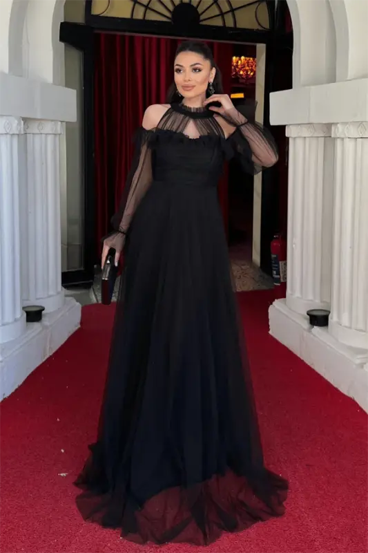 Tulle Fabric Ruffle Detailed Design Dress - BLACK - BÜYÜKBEDENIZ