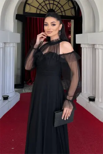 Tulle Fabric Ruffle Detailed Design Dress - BLACK - 3