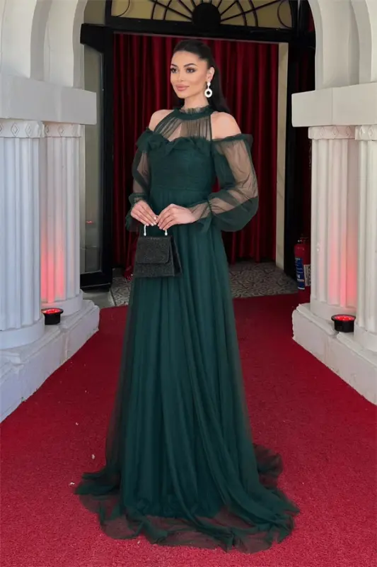 Tulle Fabric Ruffle Detailed Design Dress - EMERALD GREEN - BÜYÜKBEDENIZ