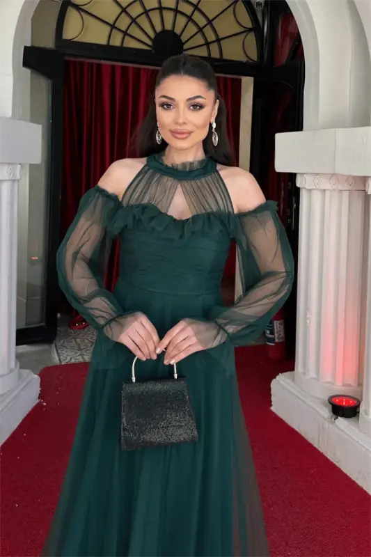 Tulle Fabric Ruffle Detailed Design Dress - EMERALD GREEN - 3