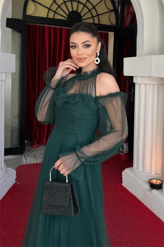 Tulle Fabric Ruffle Detailed Design Dress - EMERALD GREEN - 4