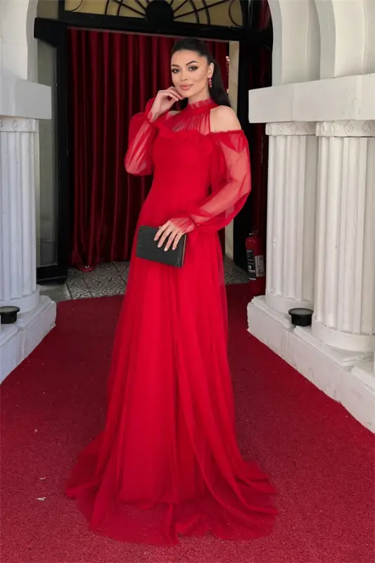 Tulle Fabric Ruffle Detailed Design Dress - RED - 2