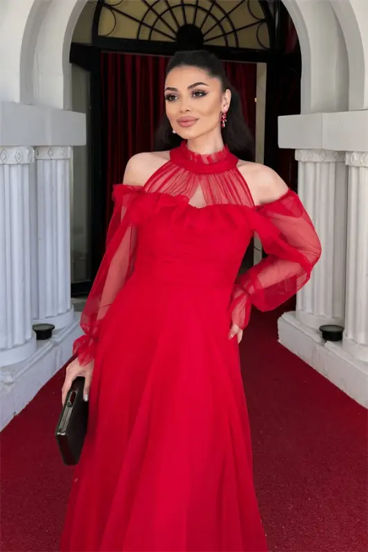 Tulle Fabric Ruffle Detailed Design Dress - RED - 3