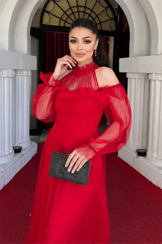 Tulle Fabric Ruffle Detailed Design Dress - RED - 4