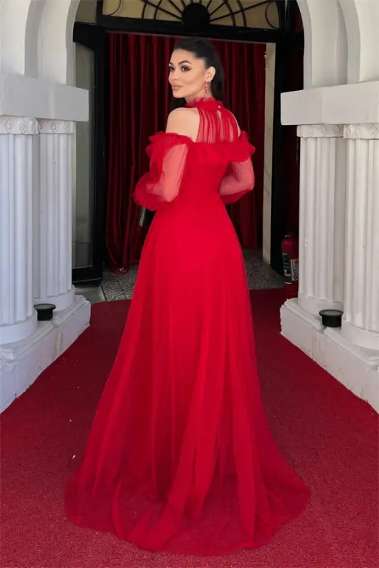 Tulle Fabric Ruffle Detailed Design Dress - RED - 5