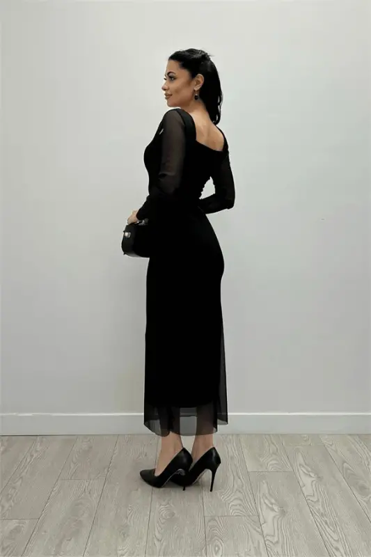 Tulle Fabric Square Neck Detail Dress - BLACK - 5