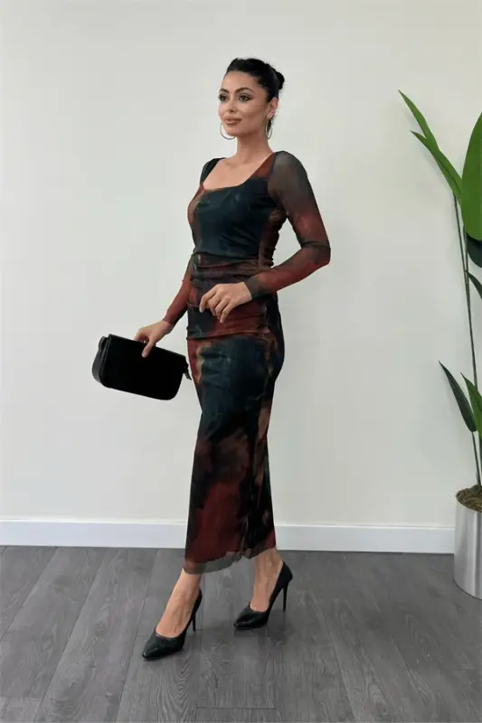 Tulle Fabric Square Neck Ruched Detail Dress - GREEN - BÜYÜKBEDENIZ