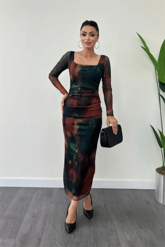 Tulle Fabric Square Neck Ruched Detail Dress - GREEN - 2