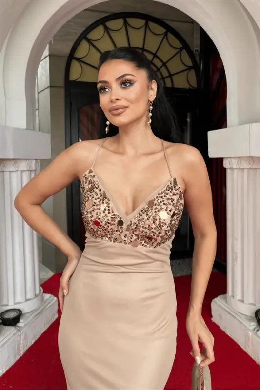 Tulle Fabric Stone Detailed Back Laced Evening Dress - BEIGE - 4