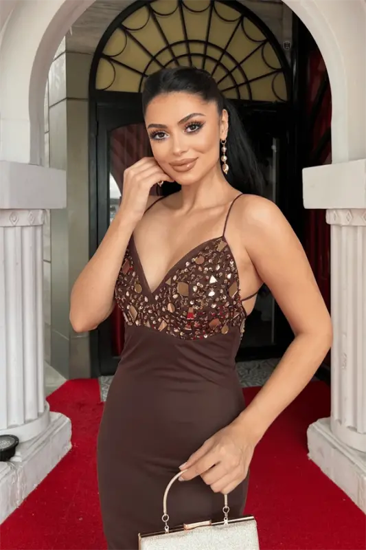 Tulle Fabric Stone Detailed Back Laced Evening Dress - BROWN - 4