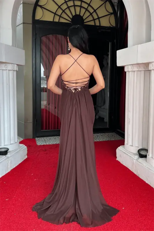 Tulle Fabric Stone Detailed Back Laced Evening Dress - BROWN - 5
