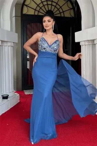 Tulle Fabric Stone Detailed Back Laced Evening Dress - INDIGO BLUE - BÜYÜKBEDENIZ (1)