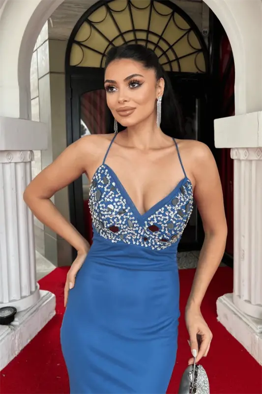 Tulle Fabric Stone Detailed Back Laced Evening Dress - INDIGO BLUE - 4