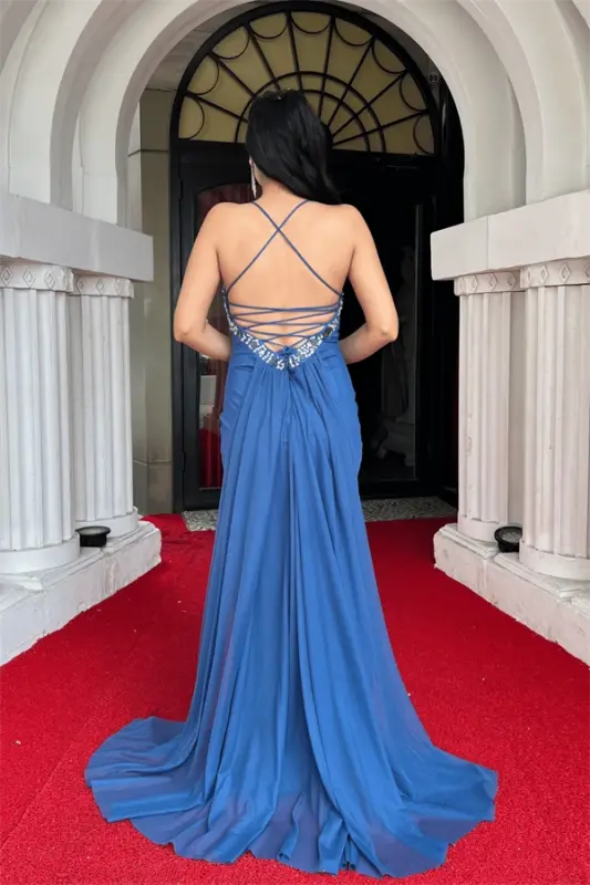 Tulle Fabric Stone Detailed Back Laced Evening Dress - INDIGO BLUE - 5