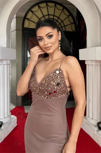 Tulle Fabric Stone Detailed Back Tie Evening Dress - BRONZE - 3