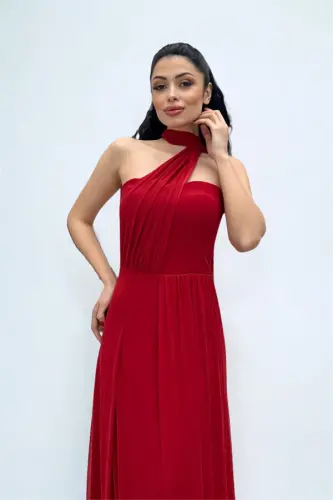 Tulle Fabric Strapless Dress with Shawl Detail - RED - 1