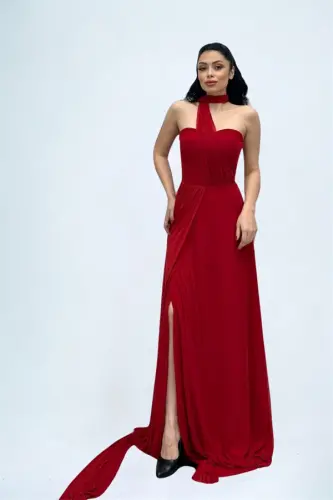 Tulle Fabric Strapless Dress with Shawl Detail - RED - BÜYÜKBEDENIZ (1)