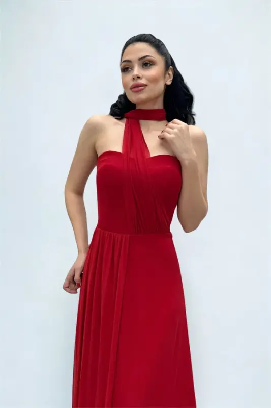Tulle Fabric Strapless Dress with Shawl Detail - RED - 3