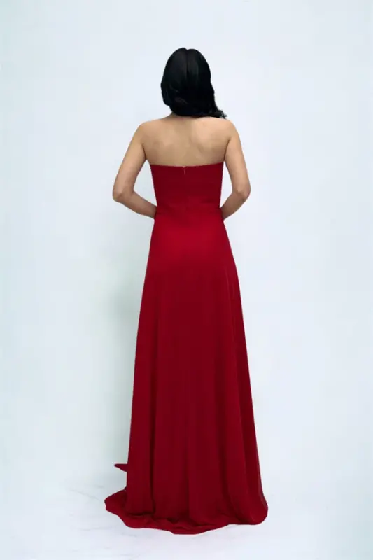 Tulle Fabric Strapless Dress with Shawl Detail - RED - 5