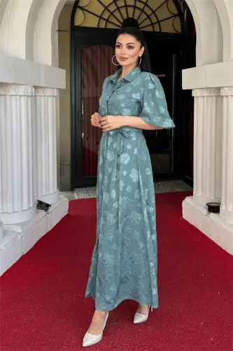 Tulle Fabric Three Dimensional Stitched Midi Dress - MINT GREEN - BÜYÜKBEDENIZ (1)