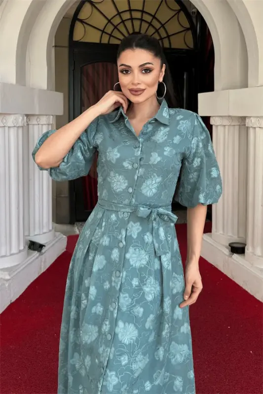 Tulle Fabric Three Dimensional Stitched Midi Dress - MINT GREEN - 3