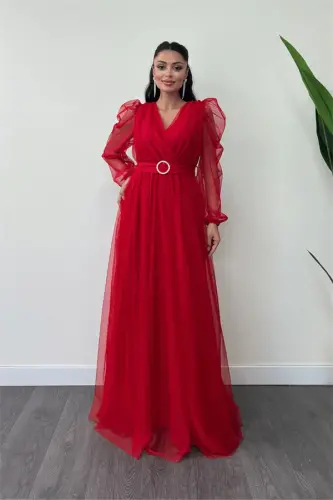 Tulle Fabric V-Neck Maxi Dress - RED - 1