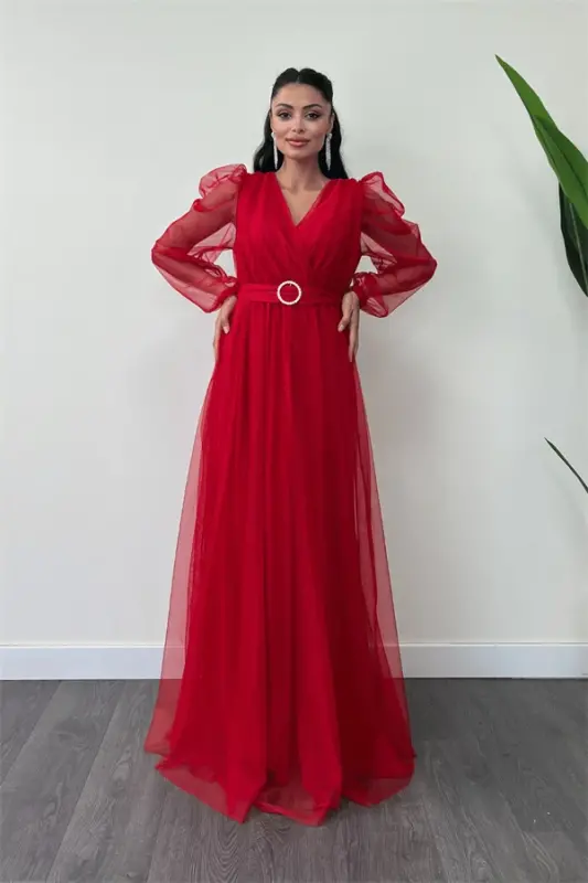 Tulle Fabric V-Neck Maxi Dress - RED - 2