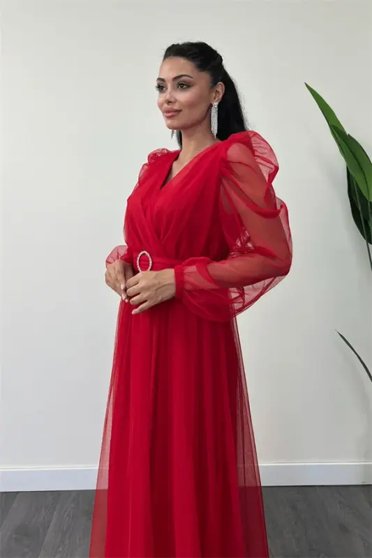 Tulle Fabric V-Neck Maxi Dress - RED - 3
