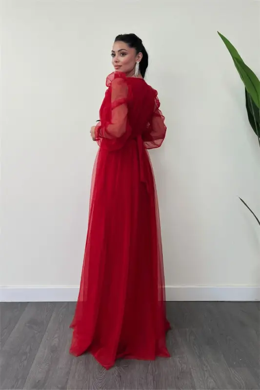 Tulle Fabric V-Neck Maxi Dress - RED - 5