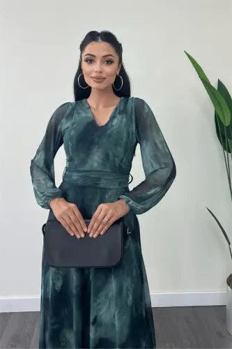 Tulle Fabric V-Neck Midi Dress - TURQUOISE - 4