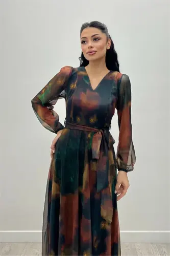 Tulle Fabric V-Neck Midi Dress - YELLOW - BÜYÜKBEDENIZ (1)