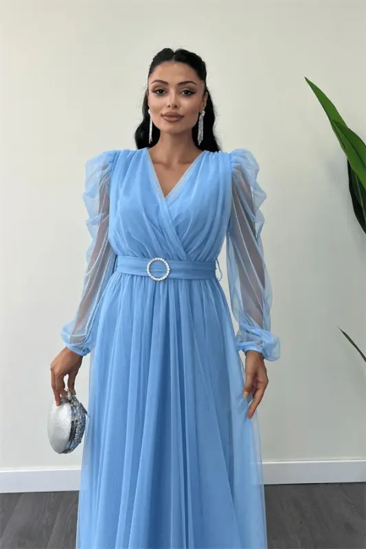 Tulle Fabric Wrap Maxi Dress - BABY BLUE - 3