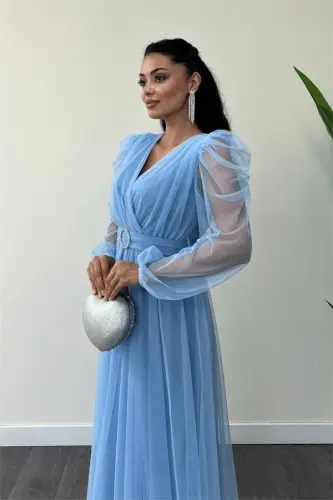 Tulle Fabric Wrap Maxi Dress - BABY BLUE - 4