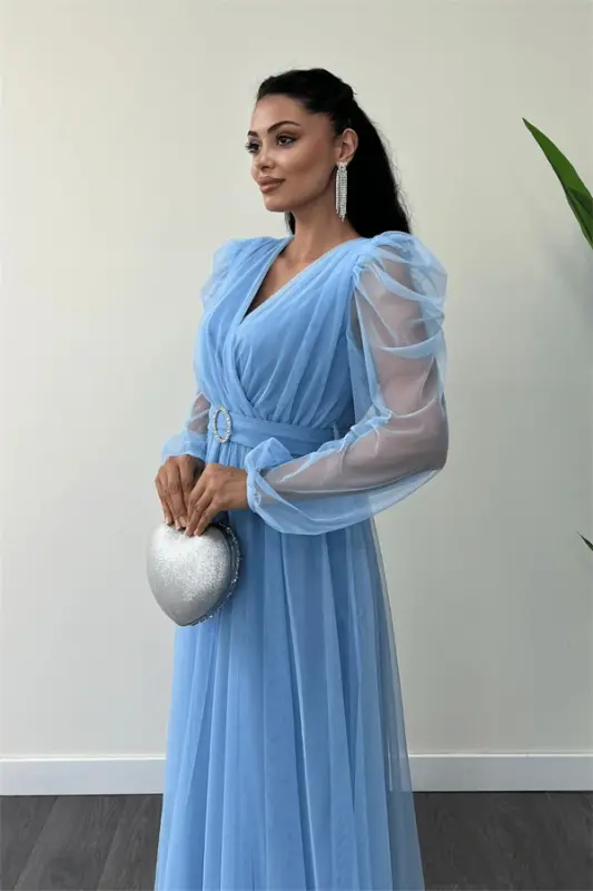 Tulle Fabric Wrap Maxi Dress - BABY BLUE - 4
