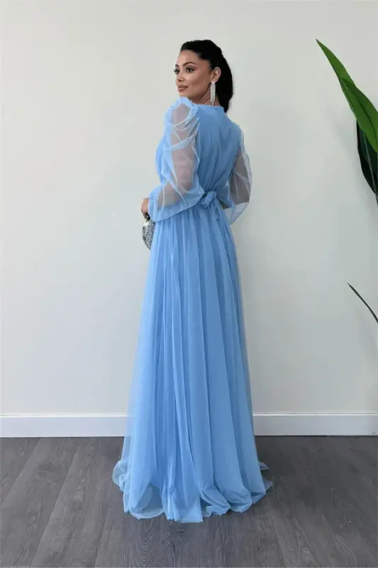 Tulle Fabric Wrap Maxi Dress - BABY BLUE - 5