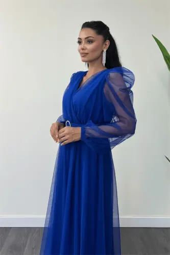 Tulle Fabric Wrap Maxi Dress - SAPPHIRE BLUE - 3