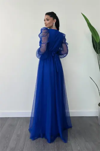 Tulle Fabric Wrap Maxi Dress - SAPPHIRE BLUE - 5