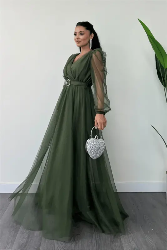 Tulle Fabric Wrapover Neck Maxi Dress - KHAKI GREEN - 7