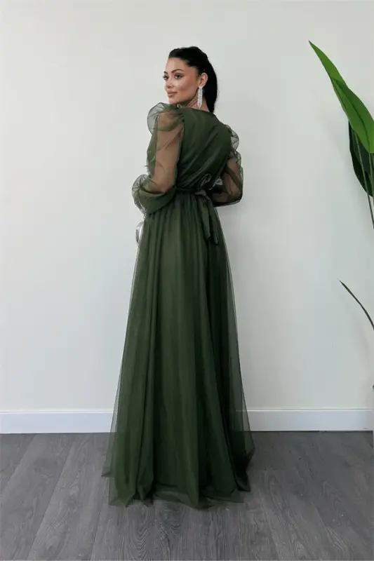 Tulle Fabric Wrapover Neck Maxi Dress - KHAKI GREEN - 10
