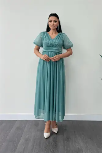 Tulle Glitter Fabric Gathered Detail Midi Dress - MINT GREEN - 1