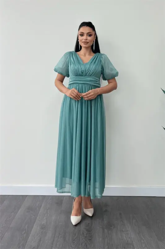 Tulle Glitter Fabric Gathered Detail Midi Dress - MINT GREEN - 1