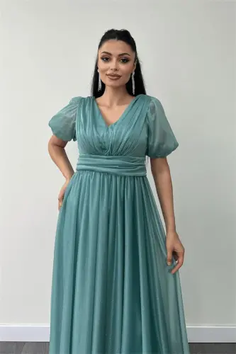 Tulle Glitter Fabric Gathered Detail Midi Dress - MINT GREEN - 3