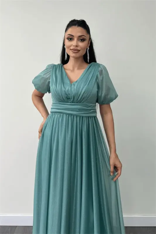 Tulle Glitter Fabric Gathered Detail Midi Dress - MINT GREEN - 3