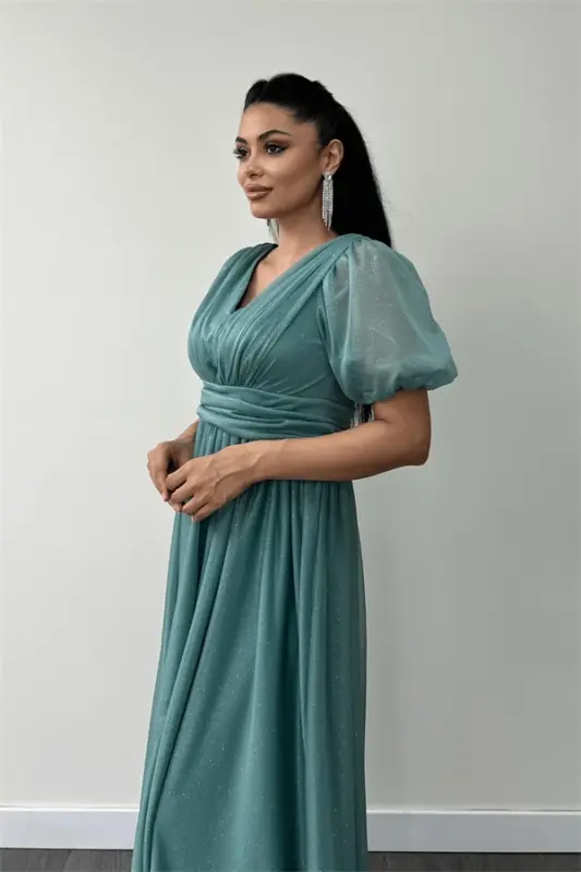 Tulle Glitter Fabric Gathered Detail Midi Dress - MINT GREEN - 4