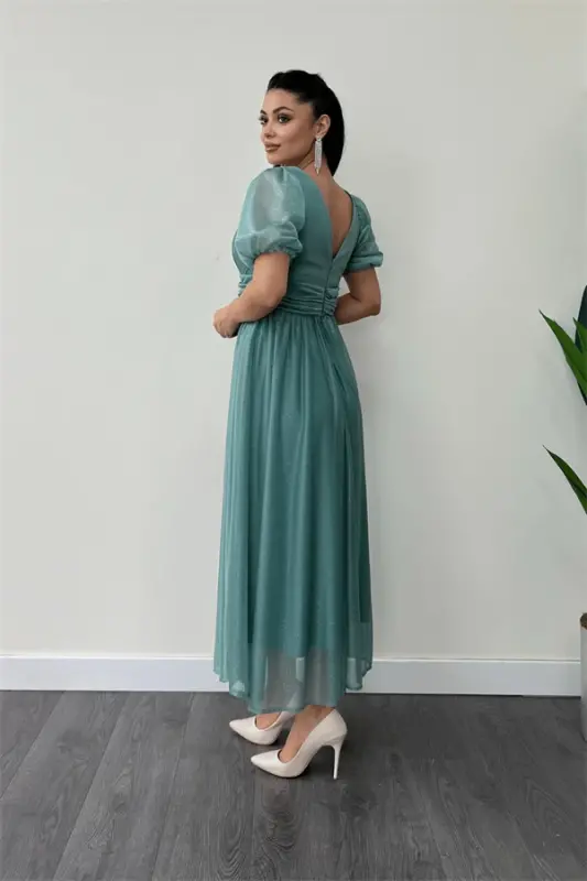 Tulle Glitter Fabric Gathered Detail Midi Dress - MINT GREEN - 5