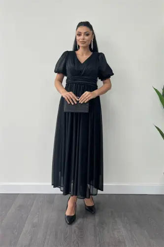 Tulle Glitter Fabric Ruched Detail Midi Dress - BLACK - 1