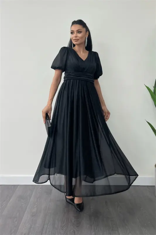 Tulle Glitter Fabric Ruched Detail Midi Dress - BLACK - 2